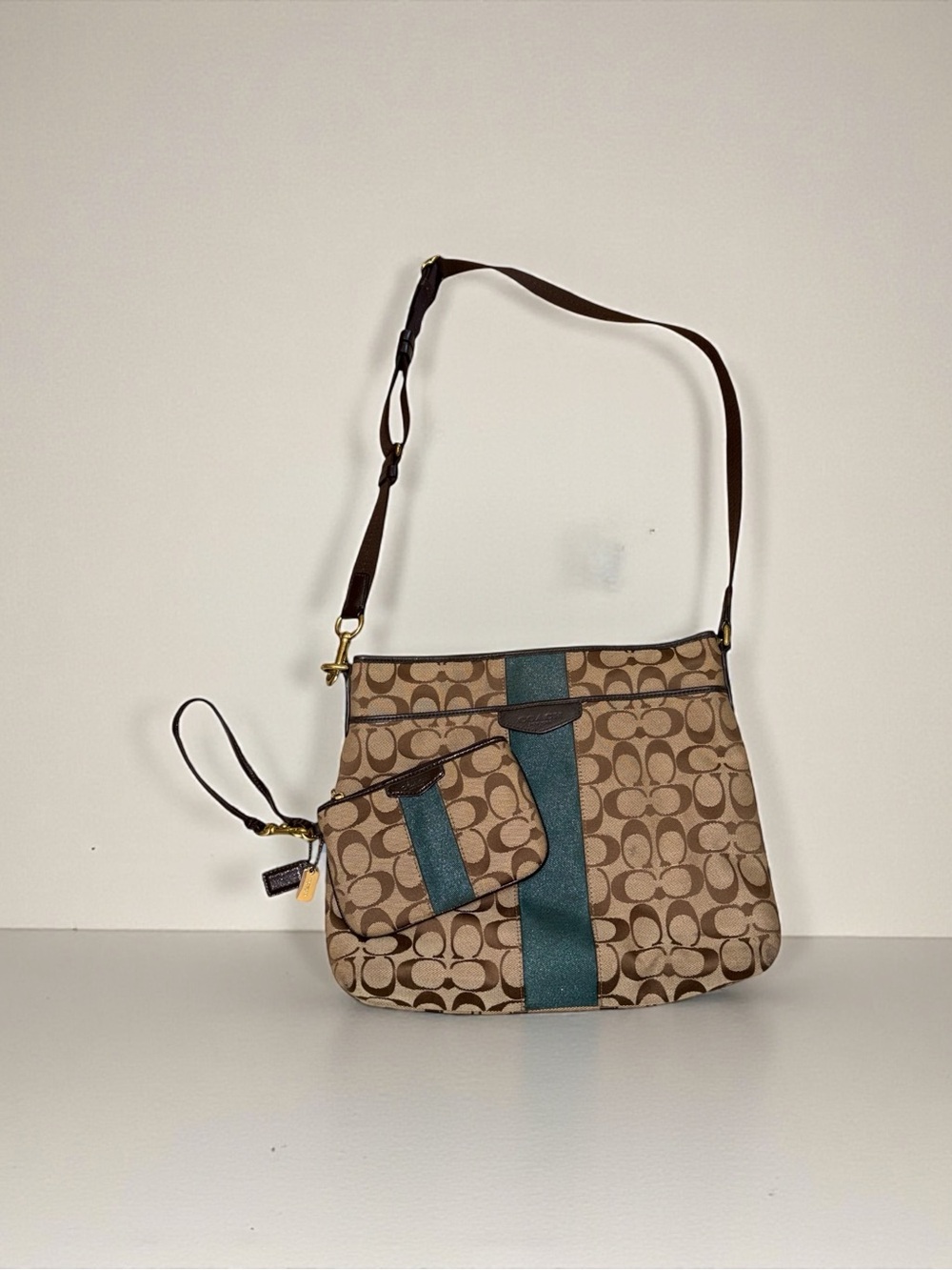 Coach Tan Signature Crossbody with Green Accent